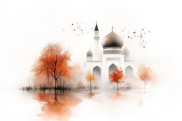 Poster - A dreamy watercolor depiction of the Ark fortress in Bukhara, with muted earthy tones and soft light creating a timeless atmosphere