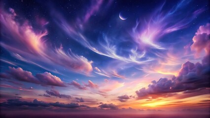 Poster - Celestial Sunset Dreamlike cloudscape with vibrant hues, a crescent moon, and a starry night sky creating a magical, ethereal atmosphere.