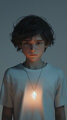 Wall Mural - A young boy is wearing a necklace with a glowing gemstone