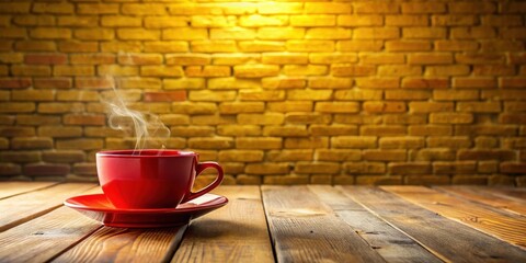 Poster - A steaming cup of coffee rests on a rustic wooden table against a warm brick wall background