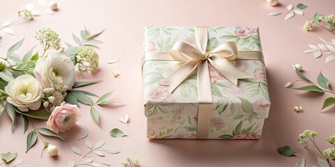 Aufkleber - A beautifully wrapped gift, adorned with a delicate floral design and a satin ribbon, rests amidst a charming arrangement of pastel blossoms and foliage.