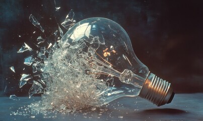Poster - Shattered Glass Light Bulb with Exploding Fragments on Dark Background Capturing the Moment of Destruction and Creativity in a Unique Visual Representation