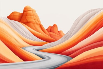Poster - A flat 2D illustration of a Utah mountain trail winding through colorful canyons, drawn with bold lines and vibrant earthy hues on a clean white background