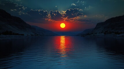Wall Mural - Breathtaking Sunset Over Serene Lake Surrounded by Mountains