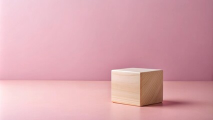 Poster - Simple Wooden Cube on Pink Surface for Product Display