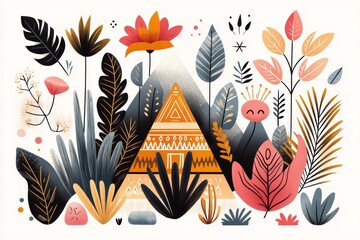 Poster - A flat design of the pyramid framed by stylized palm trees and Mayan symbols, drawn with bold colors and sharp edges on a white canvas