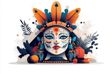 Poster - A flat design of the pyramid with Aztec and Mayan elements harmoniously integrated, surrounded by stylized clouds and jungle foliage on a white canvas