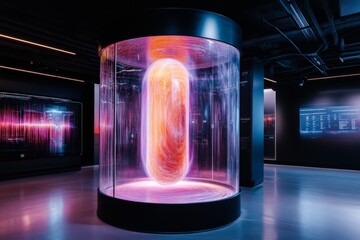 Poster - A futuristic UV isolation chamber glowing with vibrant ultraviolet light, containing a single object suspended in midair with holographic displays surrounding it