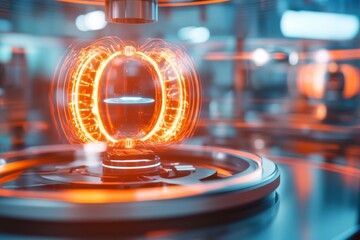 Poster - A futuristic UV isolation chamber glowing with vibrant ultraviolet light, containing a single object suspended in midair with holographic displays surrounding it