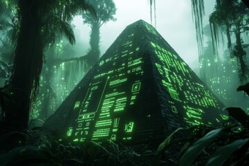 Aufkleber - A futuristic reimagining of the Uxmal pyramid with glowing Aztec-style holograms and digital glyphs surrounding the structure, set in a high-tech jungle environment