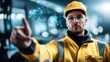 © Iamflow2468 - Safety training workplace knowledge concept. A construction worker interacts with digital technology in a modern environment.