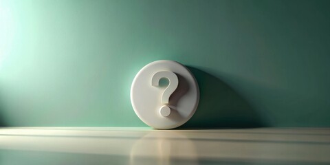 Poster - A white question mark on a circular disc against a teal background signifies inquiry and uncertainty