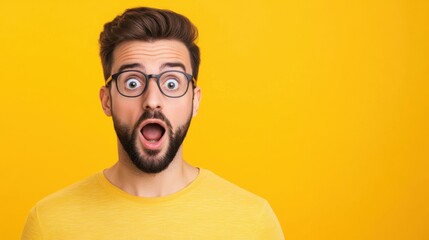 Excited young man with glasses showing surprise expression against bright yellow background