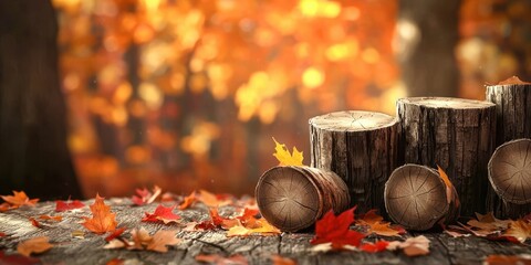 Poster - Pile of logs with leaves on top of them