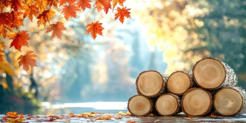 Poster - Pile of logs with leaves on the ground