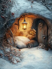 Poster - Cozy winter scene of a sleeping mouse by a lantern in a snowy burrow with rustic wooden door and warm light. Generative AI