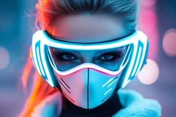 Poster - A glowing UV face mask design worn at a nighttime festival, creating an ethereal, futuristic look