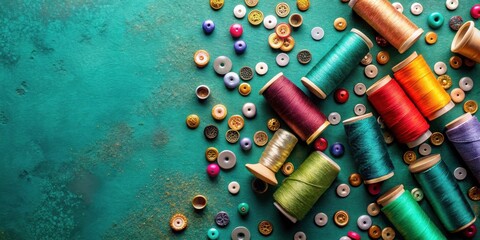 Poster - Colorful Threads and Buttons on a Teal Surface