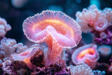 Poster - A glowing coral piece painted in watercolor, with vibrant neon tones illuminated under UV light against a moody dark backdrop
