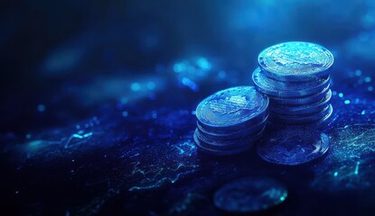 Poster - Stacks of Glowing Coins on a Dark, Textured Surface with Blue Lighting Effects Creating a Mysterious Atmosphere for Financial and Digital Currency Themes