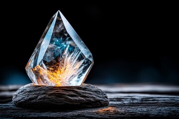 Poster - A glowing crystal suspended in a dark space, with UV light revealing intricate internal patterns in sharp isolation