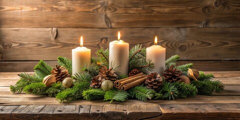 Poster - Rustic Winter Solstice Candle Arrangement with Evergreen and Pine Cones