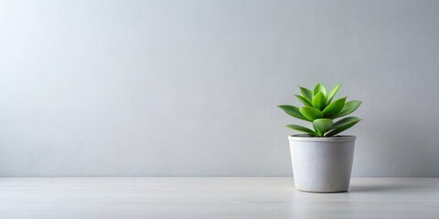 Poster - Simple succulent in a light grey pot on a white surface against a muted grey wall