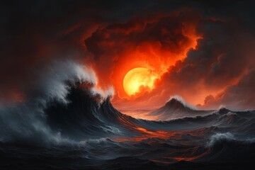 Poster - A gothic depiction of a UV sun burning through heavy storm clouds, with dramatic light rays piercing the dark and eerie landscape