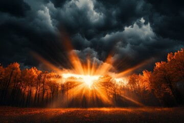 Poster - A gothic depiction of a UV sun burning through heavy storm clouds, with dramatic light rays piercing the dark and eerie landscape