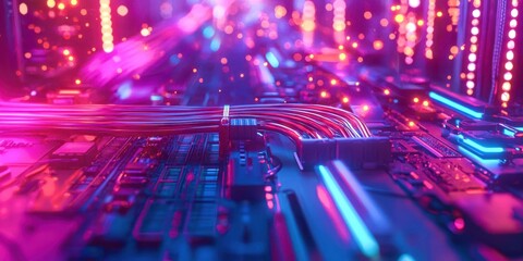 Poster - Computer chip is shown in a neon blue and pink color