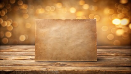 Poster - Rustic Wooden Table with Aged Paper Mockup Against a Warm Bokeh Background