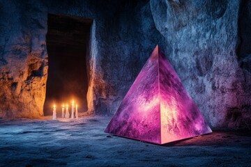 Poster - A gothic depiction of an ancient glowing artifact revealed under UV light, isolated in a dark, candlelit crypt with eerie shadows