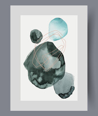 Wall Mural - abstract painting with randomly placed spots and thin line connecting objects, on watercolor artwork