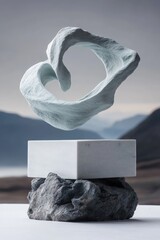Aufkleber - Abstract sculpture suspended above a textured base with a mountainous background at dawn