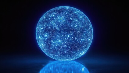 Poster - Stunning Blue Spherical Network Visualization with Bright Points of Light Representing Global Connectivity and Digital Innovations in a Dark Background