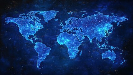 Poster - Stunning Blue World Map with Stars and Galaxies, Perfect for Representing Global Connectivity, Technology, or Space Exploration Themes in Stock Photography