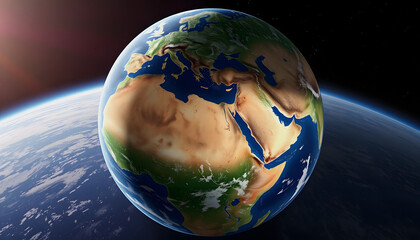 Wall Mural - Planet Earth globe, highly detailed. Satellite view of the world, focused on Europe and Africa - 3D illustration, cinematic, with white tones