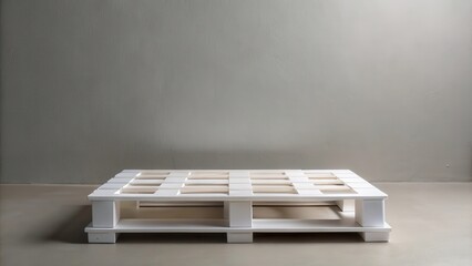 Aufkleber - A single white painted wooden pallet sits on a light gray floor against a neutral wall background