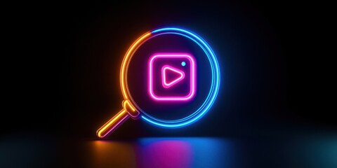 Poster - Neon sign with a magnifying glass and a video player