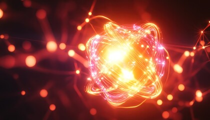 Wall Mural - bright atomic nucleus rotating with electrons and connections in red and orange colors