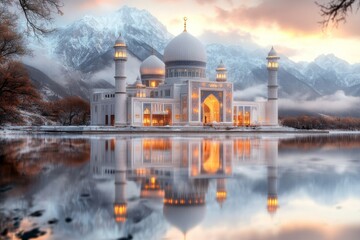 Aufkleber - A magical depiction of Uzbekistan architecture glowing under an ethereal aurora, with the domes and minarets illuminated by soft, mystical light