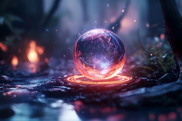 Poster - A magical glowing orb floating in isolation under UV light, with intricate runes and ethereal neon patterns swirling around it in a dark mystical setting