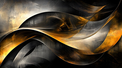 Poster - A textured abstract background with metallic gold and silver brushstrokes layered over deep black, adding sophistication and richness to the composition 