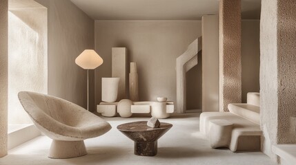 Poster - Modern Interior Design with Unique Beige Tones Furniture and Sculptural Elements