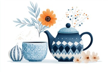 Poster - A minimalist illustration of a traditional Uzbek teapot and cup, with clean lines and bold patterns in shades of blue and white on a white background