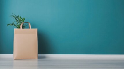 Wall Mural - Stylish Paper Shopping Bag with Fresh Green Plant Against Vibrant Turquoise Wall and Light Floor in Modern Decor