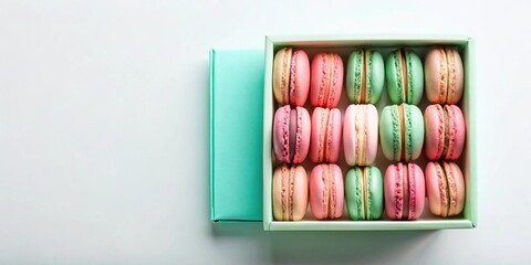 Wall Mural - A pastel-colored box of twelve delicate macarons, arranged neatly, showcasing a variety of sweet flavors and colors