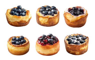 Collection of freshly baked blueberry popover with a crispy crust and vibrant berries, isolated on a transparent background, capturing the essence of the celebration