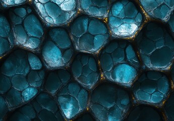 Poster - Textured Blue Honeycomb Background with Intricate Patterns and Shimmering Highlights, Perfect for Modern Digital Designs and Abstract Art Applications