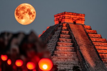 Poster - A mystical depiction of the Pyramid of the Magician glowing with Aztec symbols under the light of a full moon